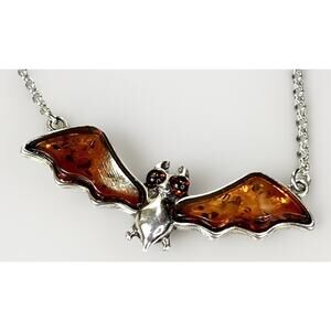 Baltic Amber Bat Wing Pendant -925 Sterling Silver - 17.5-19.5” NEW Gothic